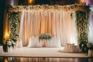 Casamento cerimônia com floral arco e branco cortinas. gerado por IA foto