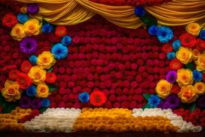 uma colorida etapa com flores e uma cortina. gerado por IA foto