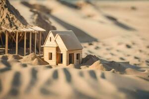 uma miniatura casa dentro a areia. gerado por IA foto