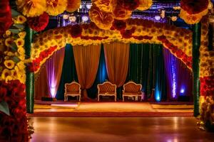 uma colorida Casamento cerimônia com flores e cadeiras. gerado por IA foto