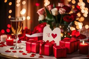 dia dos namorados dia mesa configuração com vermelho rosas e champanhe. gerado por IA foto