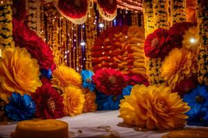 uma colorida Casamento cerimônia com flores e guirlandas. gerado por IA foto