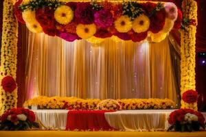 uma Casamento etapa decorado com flores e vermelho e amarelo flores gerado por IA foto