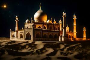 uma ampla branco mesquita dentro a deserto às noite. gerado por IA foto