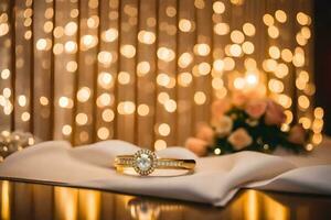 Casamento argolas em uma mesa dentro frente do uma luz fundo. gerado por IA foto