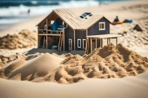 uma miniatura casa em a de praia com areia. gerado por IA foto