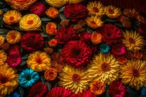 colorida flores arranjado dentro uma padronizar em uma Preto fundo. gerado por IA foto