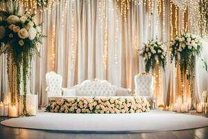 Casamento cerimônia com branco cadeiras e flores gerado por IA foto