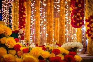 uma Casamento cerimônia com flores e guirlandas. gerado por IA foto