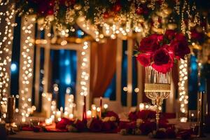 uma Casamento mesa com velas e vermelho rosas. gerado por IA foto