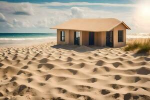 uma pequeno casa em a de praia com areia. gerado por IA foto