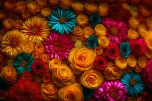 colorida flores estão arranjado dentro uma flor arranjo. gerado por IA foto