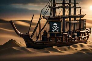 uma pirata navio dentro a deserto com uma crânio e ossos cruzados. gerado por IA foto