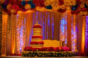 uma colorida Casamento bolo com flores e luzes. gerado por IA foto