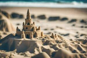 areia castelo em a de praia. gerado por IA foto