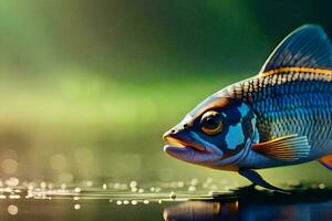uma peixe é em pé em a água com uma verde fundo. gerado por IA foto