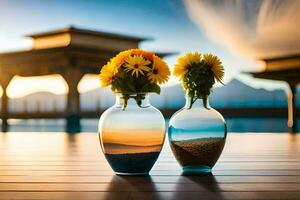 dois vasos com flores sentado em uma de madeira mesa. gerado por IA foto