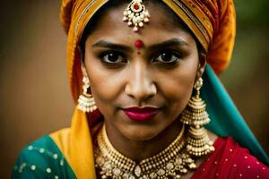 uma lindo indiano mulher vestindo uma colorida cocar. gerado por IA foto