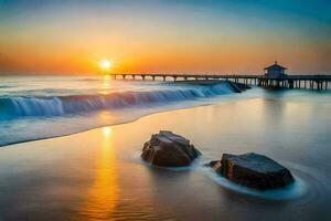 a Sol conjuntos sobre a oceano e pedras às a de praia. gerado por IA foto