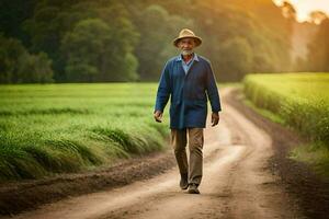 a idosos homem caminhando baixa uma sujeira estrada dentro uma campo. gerado por IA foto