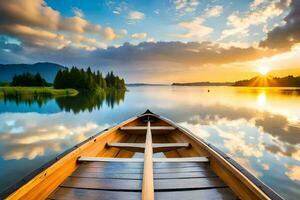 a barco é em a lago às pôr do sol. gerado por IA foto