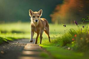 uma cachorro caminhando em uma estrada dentro a meio do uma campo. gerado por IA foto