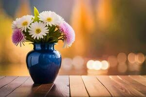 uma azul vaso com branco e Rosa flores em uma mesa. gerado por IA foto
