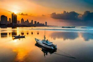 uma barco senta em a de praia às pôr do sol. gerado por IA foto