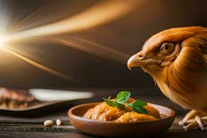 uma frango é sentado em uma de madeira mesa com uma tigela do Comida. gerado por IA foto