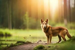 uma cachorro em pé dentro a madeiras às pôr do sol. gerado por IA foto