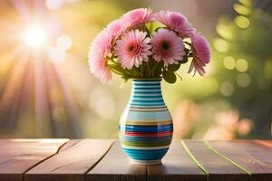 uma vaso com Rosa flores sentado em uma mesa. gerado por IA foto