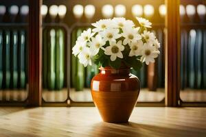 uma vaso com branco flores sentado em uma de madeira chão. gerado por IA foto