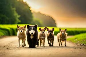 uma grupo do cachorros caminhando baixa uma estrada. gerado por IA foto