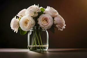 uma vaso preenchidas com branco rosas em uma mesa. gerado por IA foto
