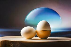 dois ovos em uma de madeira mesa com uma azul fundo. gerado por IA foto