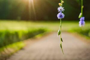 uma azul flor suspensão a partir de uma videira dentro a meio do uma campo. gerado por IA foto