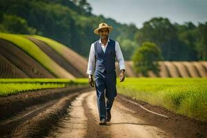 uma homem dentro uma terno e chapéu caminhando baixa uma sujeira estrada. gerado por IA foto