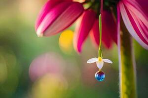 uma Rosa flor com uma solta do água suspensão a partir de isto. gerado por IA foto