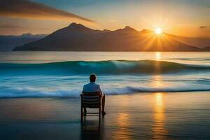 uma homem sentado dentro uma cadeira em a de praia assistindo a Sol definir. gerado por IA foto