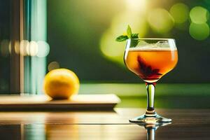 uma vidro do vinho com uma limão fatia em a mesa. gerado por IA foto