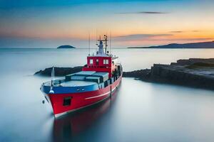 uma vermelho barco é Navegando dentro a oceano às pôr do sol. gerado por IA foto