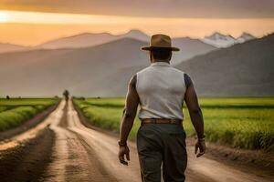 uma homem dentro uma chapéu anda em baixa uma sujeira estrada. gerado por IA foto