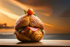 uma sanduíche com tomates e carne em topo do uma mesa. gerado por IA foto