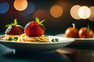 uma prato do espaguete com morangos e tomates em uma mesa. gerado por IA foto