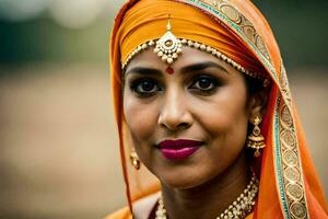 uma mulher dentro a laranja sari com ouro joia. gerado por IA foto