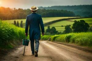 uma homem dentro uma terno e chapéu caminhando baixa uma sujeira estrada. gerado por IA foto