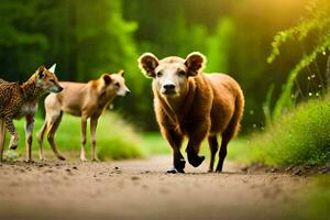 uma vaca e dois chitas caminhando em uma sujeira estrada. gerado por IA foto