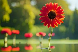 uma vermelho flor é em pé dentro a água. gerado por IA foto