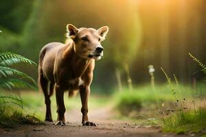 uma Castanho cachorro é caminhando baixa uma sujeira estrada. gerado por IA foto