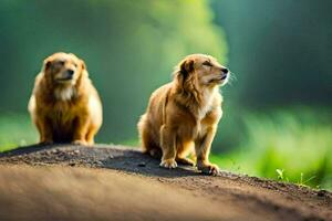 dois dourado retrievers sentado em topo do uma colina. gerado por IA foto